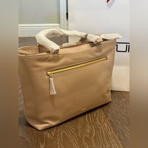 Tumi Catarina Beige Luxury Leather Tote with Gold Zip Accent Fits 14” Laptop 💻